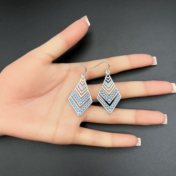 Silver with Blue Enamel Boho Tribal Rhombus Chevron Dangling Drop Hook Earrings - Picture 9 of 9